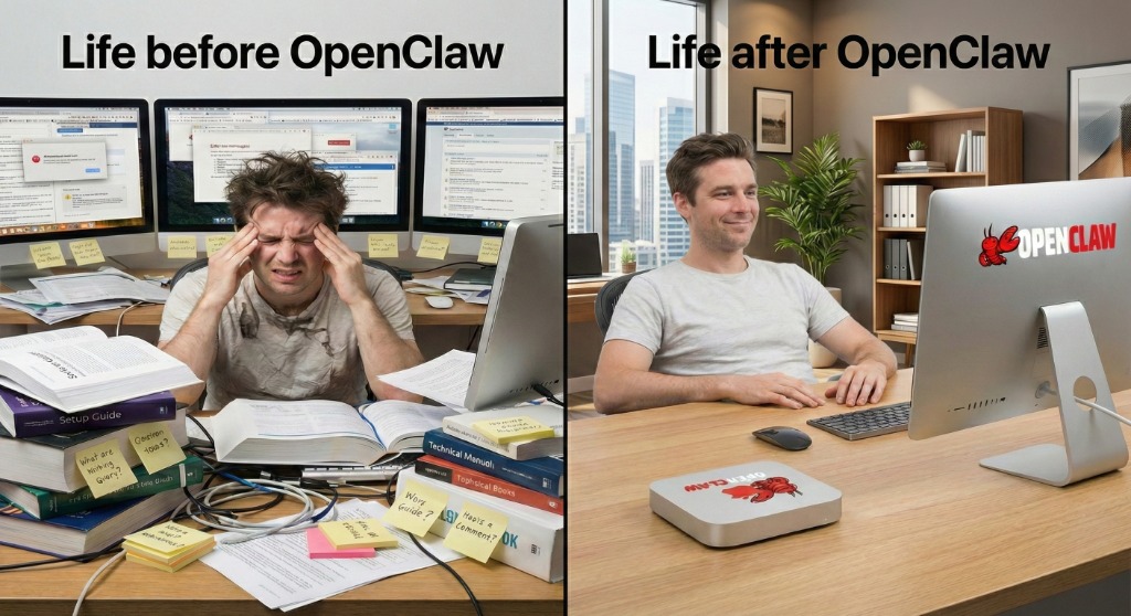 Life before vs after OpenClaw — couple high-fiving