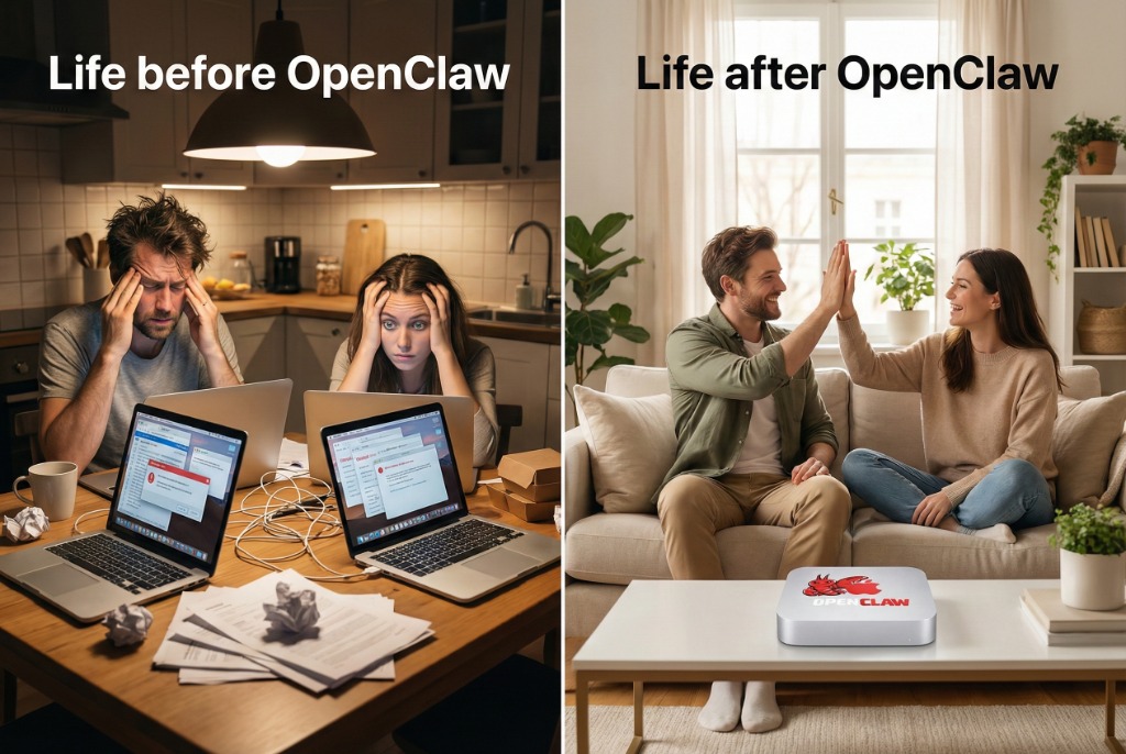 Life before vs after OpenClaw — clean desk setup